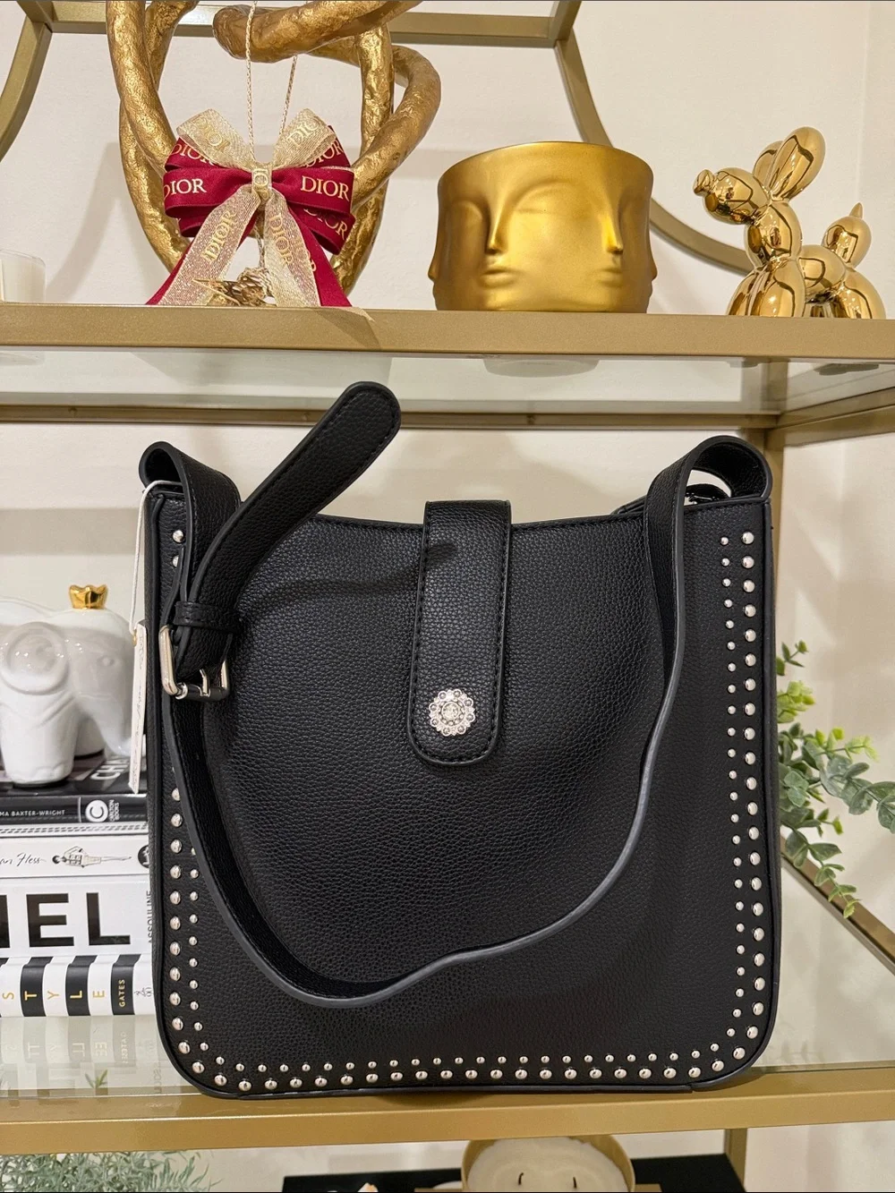 Studded Black Leather Shoulder Bag with Front Tab
